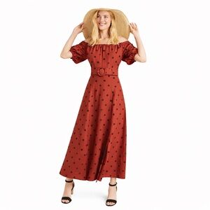 EUC Anthro 4 Maeve Lucienne Off-The-Shoulder 0214 Belted Maxi Polka Dot Dress